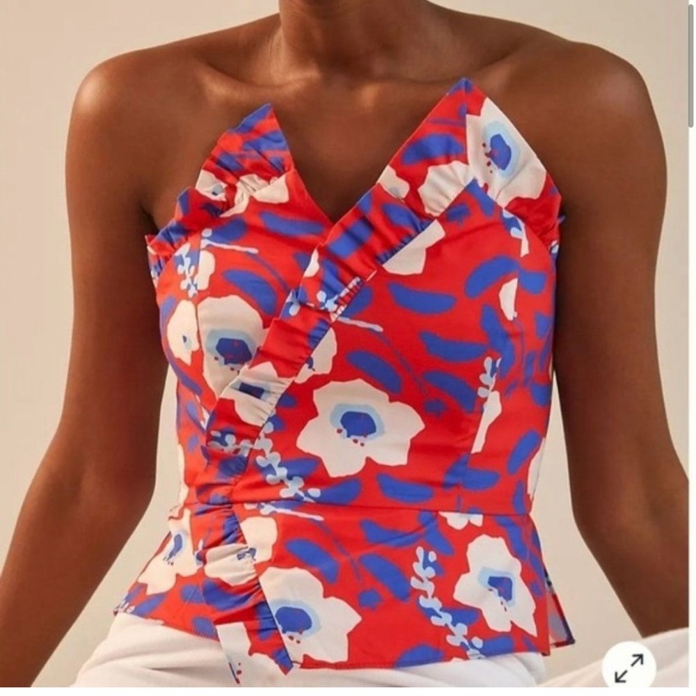 Anthropologie Hutch Strapless Ruffle Top floral red, white, and blue.